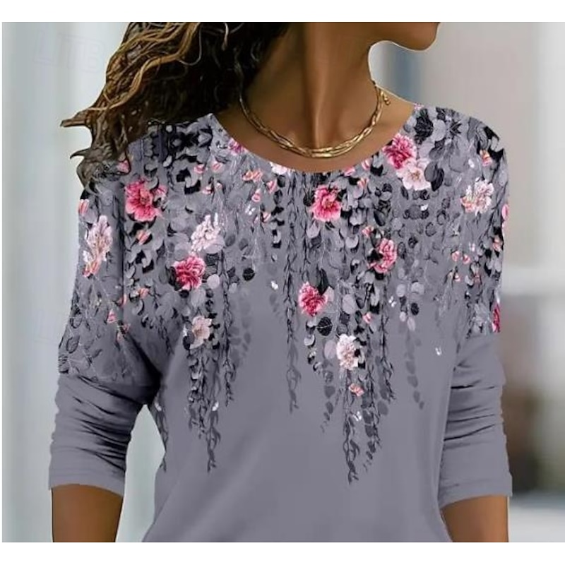 Women's T shirt Crew Neck Long Sleeve Tunic Leopard Striped Casual  Regular Tops Daily Print Light Grey Spring Fall2