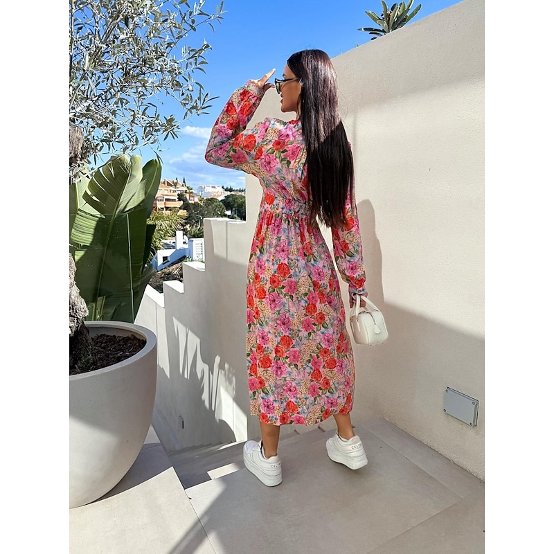 Women's Long Dress Maxi Dress Maxi Dress Floral Dress Elegant Regular Fit Floral Long Sleeve V Neck Pink Red Blue Fall4