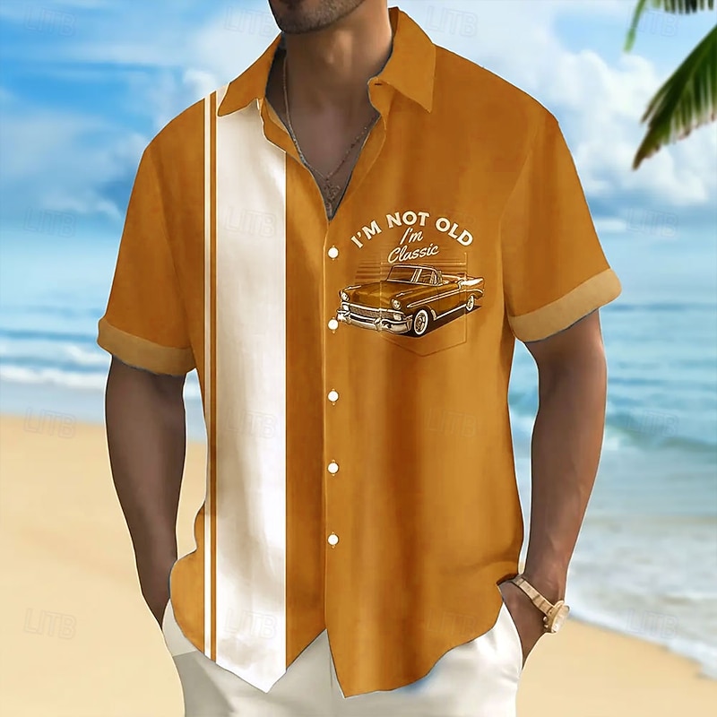 Men's Striped Letter Printed Bowling Shirt Button Up Shirt Short Sleeve Fashion Casual Vacation Sports Outdoor Beach Wear Summer Spring Turndown Collared Shirts Front One Pocket Blue Orange Green4