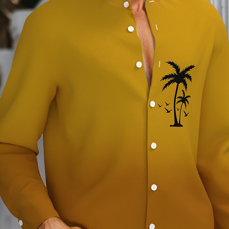 Men's Coconut Tree Tropical Plants Shirt Summer Hawaiian Shirt Collarless Shirt Long Sleeve Hawaiian Resort Vacation Casual Holiday Summer Spring Standing Collar 3D Print Button Down Shirts Yellow2