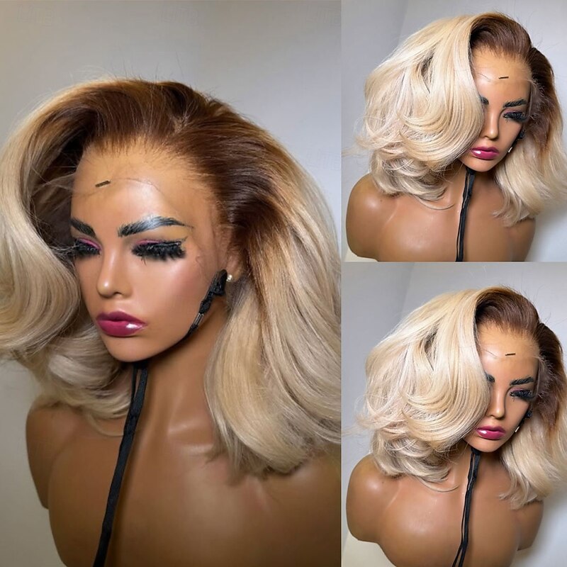 Remy Human Hair 5x5 Closure 13x4 Lace Front Wig Bob Short Bob Brazilian Hair Wavy Blonde Wig 130% 150% Density with Baby Hair Ombre Hair Pre-Plucked For Women Short Human Hair Lace Wig2