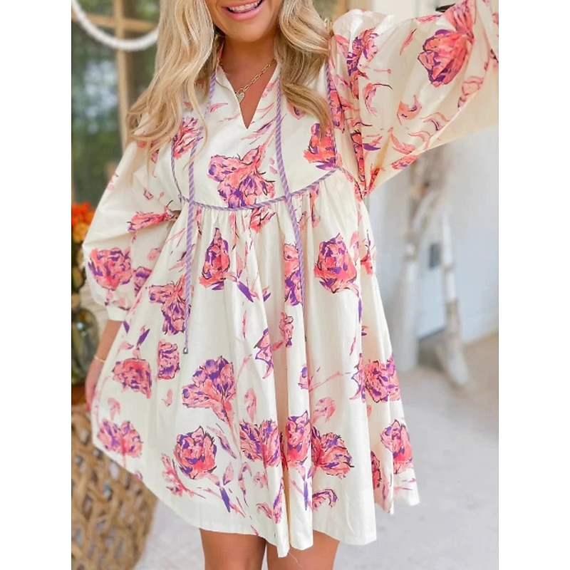 Women's Mini Dress Casual Dress Stylish Casual Vacation Daily Regular Fit Floral Long Sleeve V Neck Black Red Green Summer