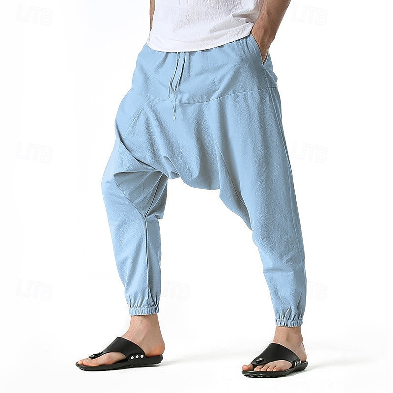 Men's Joggers Cotton Pants Trousers Beach Pants Harem Pants Pocket Drawstring Elastic Waist Plain Comfort Breathable Vacation Daily Holiday Hawaiian Boho ArmyGreen Black
