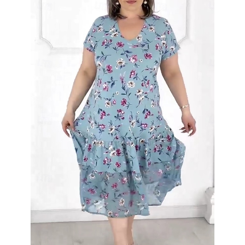 Women's Midi Dress Casual Dress Stylish Casual Vacation Daily Regular Fit Floral Short Sleeve V Neck White Blue Summer3