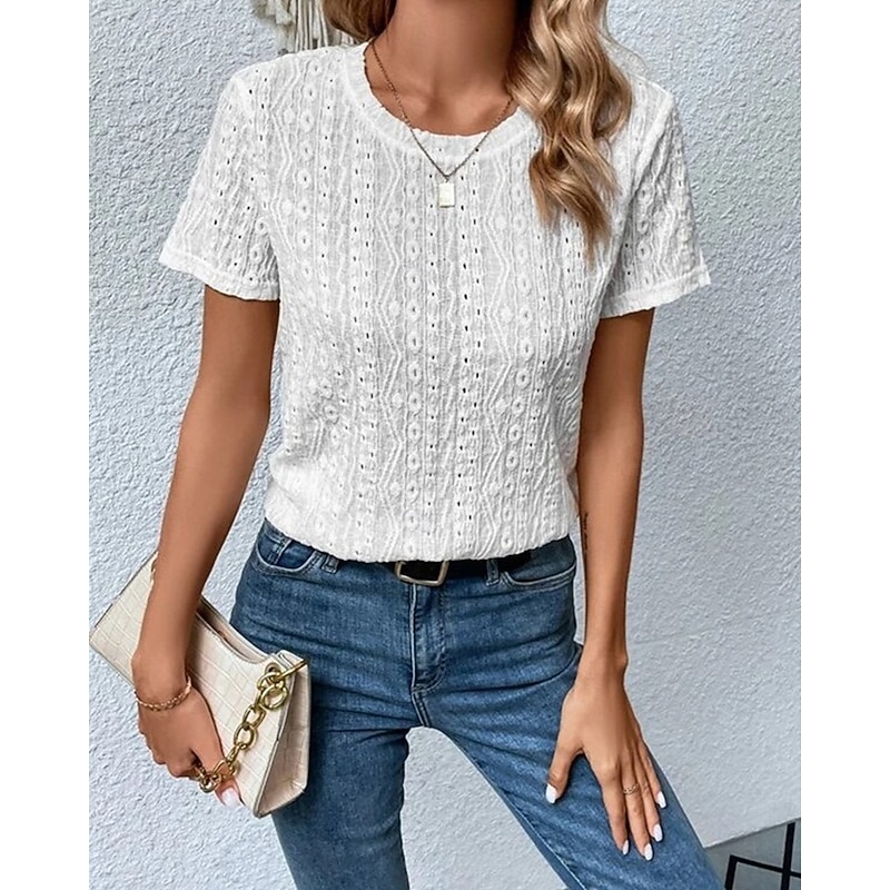 Women's Blouse Eyelet top Lace Tops Plain Daily Stylish Basic Short Sleeve Crew Neck Regular Tops Work Daily Holiday Hollow Out Black White Orange Summer Spring - Main Image