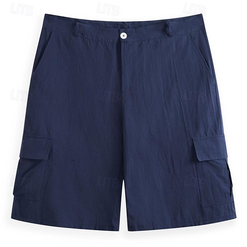 Men's Cargo Shorts Linen Shorts Summer Shorts Beach Shorts Buttons Multi Pocket Straight Leg Plain Comfort Breathable Knee Length Outdoor Business Daily Fashion Streetwear White Navy Blue3