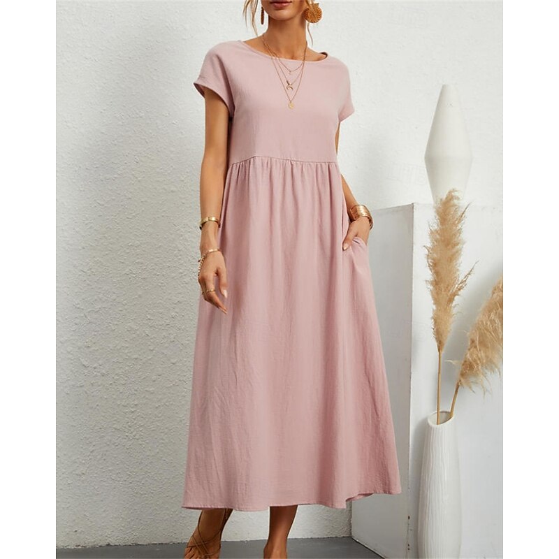 Women's Midi Dress Linen-Inspired Dresses Casual Dress Cotton Linen Dress A Line Dress Stylish Casual Vacation Daily Date Regular Fit Plain Short Sleeve Crew Neck White Pink Orange Summer Spring4