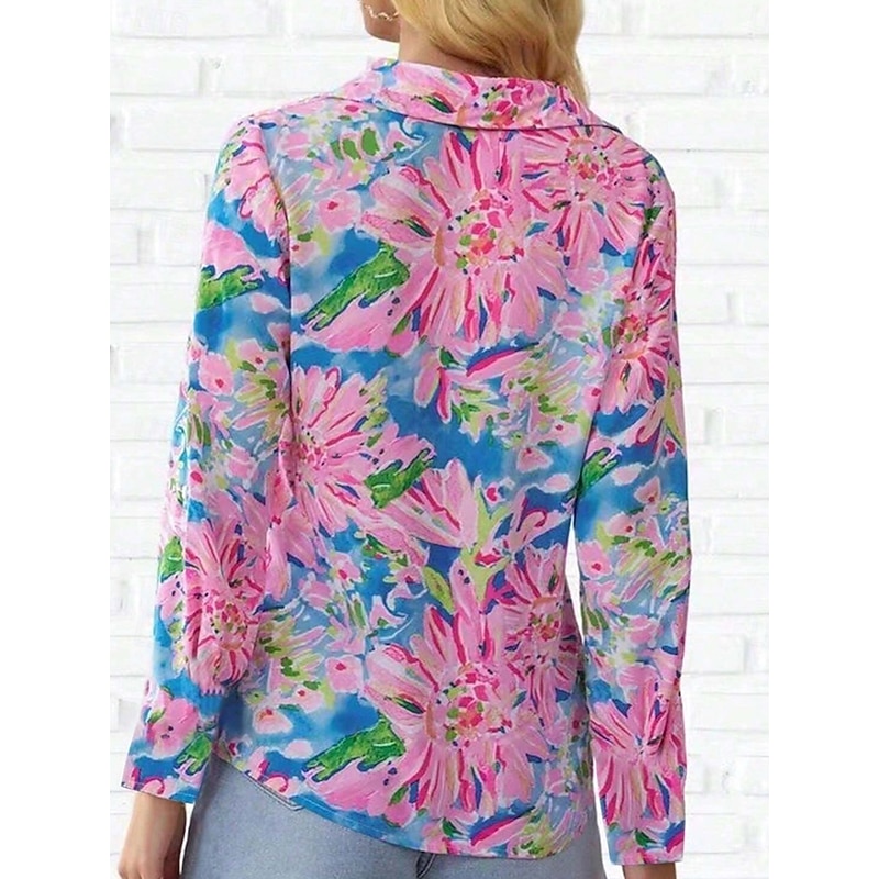 Women's Shirt Button Down Tunic Shirt Collar Long Sleeve Floral Casual Regular Tops Work Daily s Print Pink Spring Fall Winter2