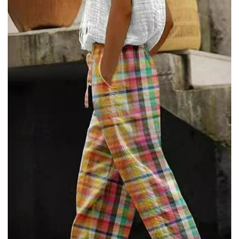 Women's Cotton Linen Pants Baggy Pants Linen Like Fashion Full Length Mid Waist Layered Print Micro-elastic Casual Daily Buff Summer Regular Fit2