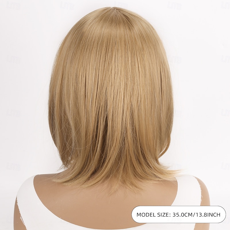 Synthetic Wig Bouncy Curl Deep Wave Asymmetrical With Bangs Machine Made Wig 14 inch Light golden Synthetic Hair Women's Blonde3