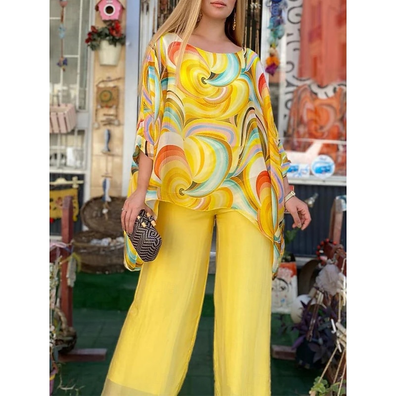 Women's Fashion Streetwear Daily T Shirt Wide Leg Pants 3/4 Length Sleeve Crew Neck Ombre Casual Daily Yellow Pink Blue Summer Regular Fit