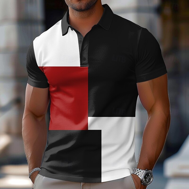 Men's Color Block Rugby Polo Short Sleeve Polo Shirts Collared Shirts Casual School Outdoor Athleisure Daily Wear 3D Print Summer Spring Fall Red Blue Brown2
