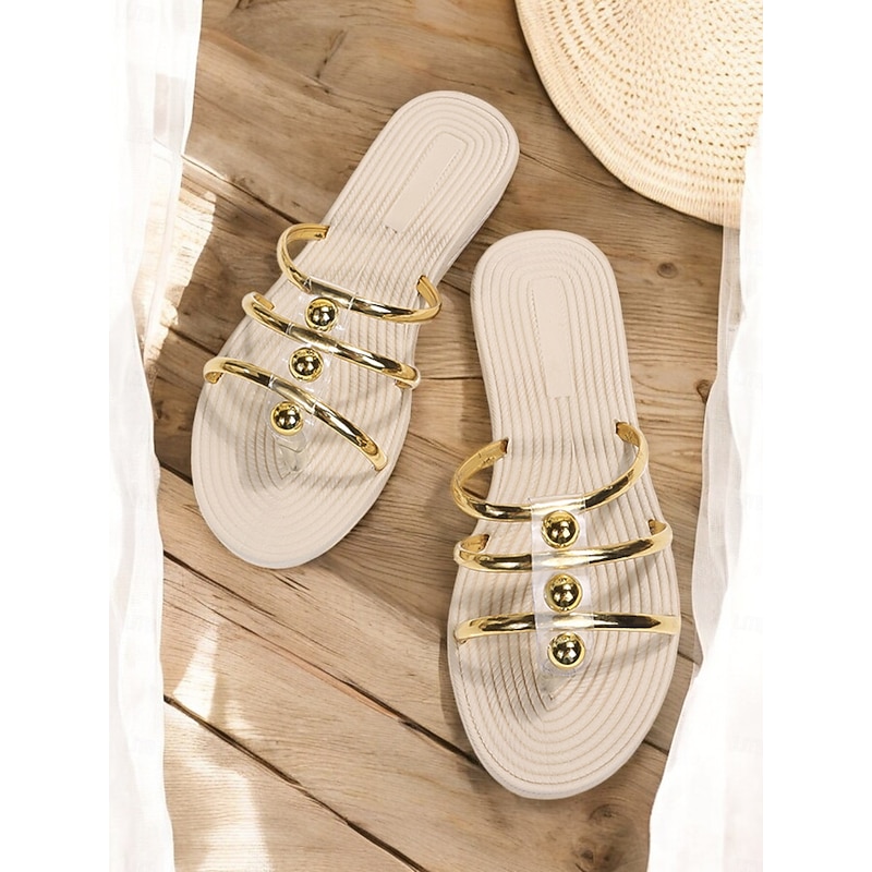 Gold Accented White Slip-On Sandals for Women – Trendy Summer Flat Sandals with Elegant Metallic Straps – Ideal for Casual and Vacation Wear4