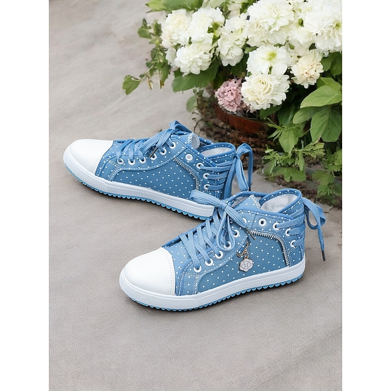 Women's Polka Dot High-Top Canvas Sneakers – Casual Lace-Up Denim Shoes with Floral Charm, Stylish Streetwear for Daily Wear & Travel4