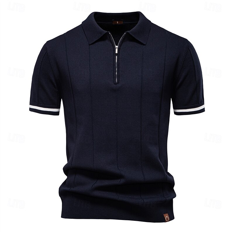 Men's Polo Knit Polo Sweater Formal Work Turndown Quarter Zip Short Sleeve Solid Color Zip Up Spring Dark Gray Black White Navy Blue Khaki Gray Polo2