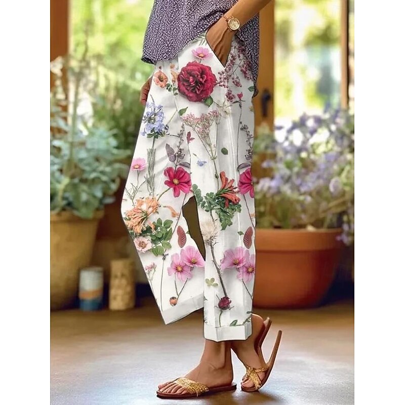 Women's Cotton Linen Pants Baggy Pants Linen Like Fashion Streetwear Full Length High Waist Floral Graphic Printing Thermal Warm Breathable Soft Micro-elastic Outdoor Daily