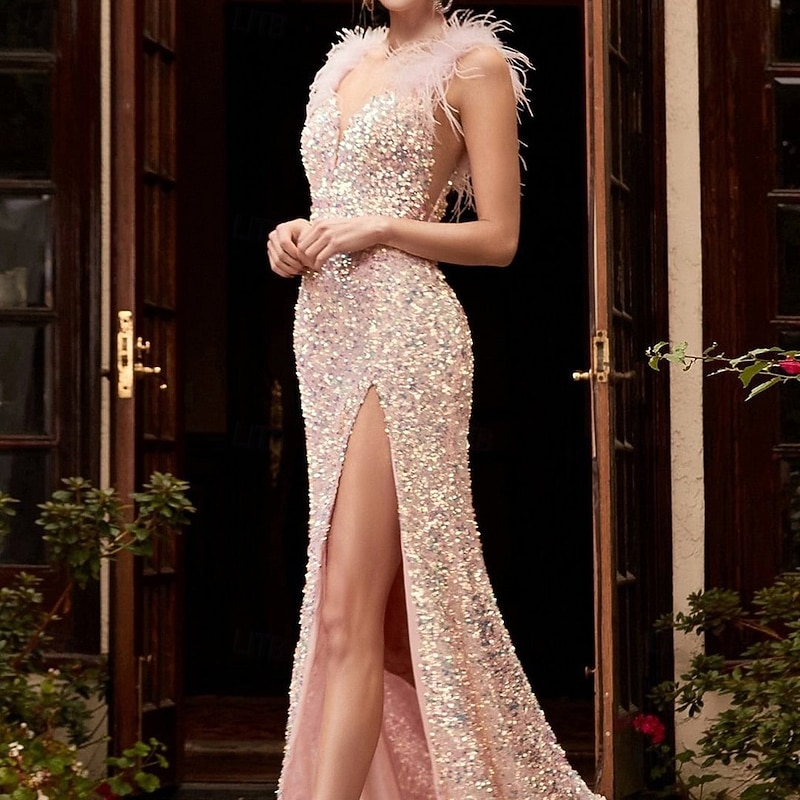 Women's Normal Maxi Dress Black Dress Sequin Dress Cocktail Dress Formal Dress Elegant Stylish Maxi Cap Sleeve Wedding Wedding Guest Special Occasion Slim Plain Sleeveless Deep V Pink Spring Fall2