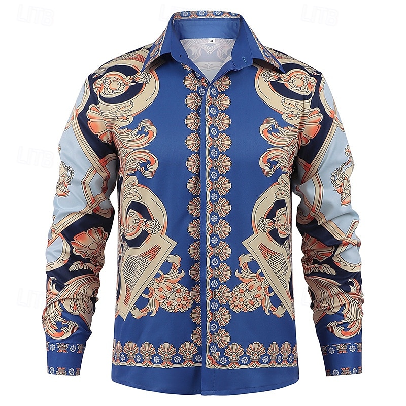 Mens Luxury Printed Silk Like Satin Button Down Dress Shirt for Party Prom Long Sleeve Slim Fit Floral Shirt2