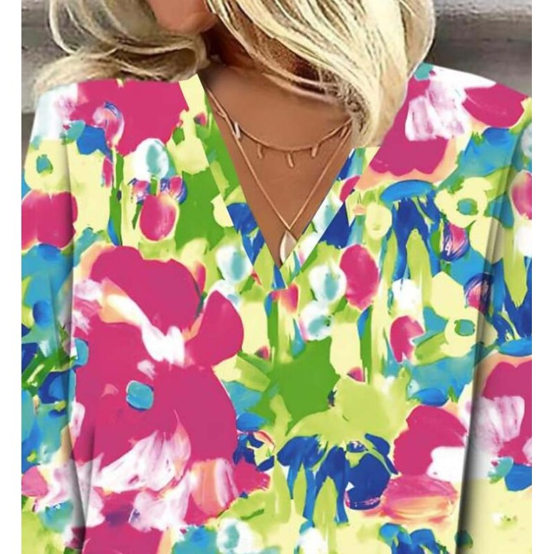 Women's Shirt Button Down Blouse Floral Stylish Beach Short Sleeve V Neck Regular Tops Daily Print Light Green Spring Fall2