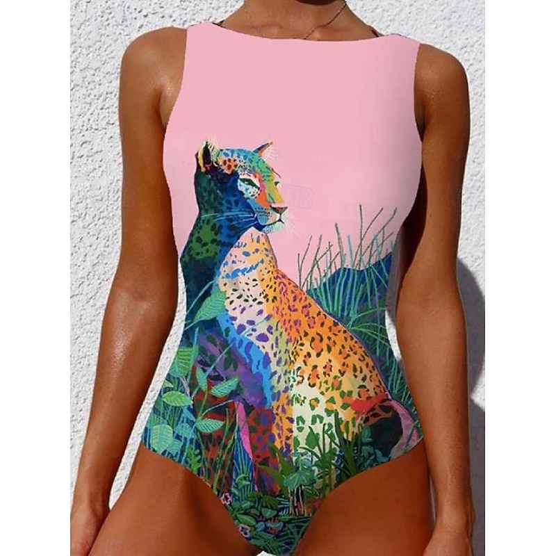 Women's Swimsuits One Piece Monokini Swimsuit Backless Tummy Control High Waist Slim Vacation Beach Wear Geometric Round Neck Sleeveless Bathing Suits4