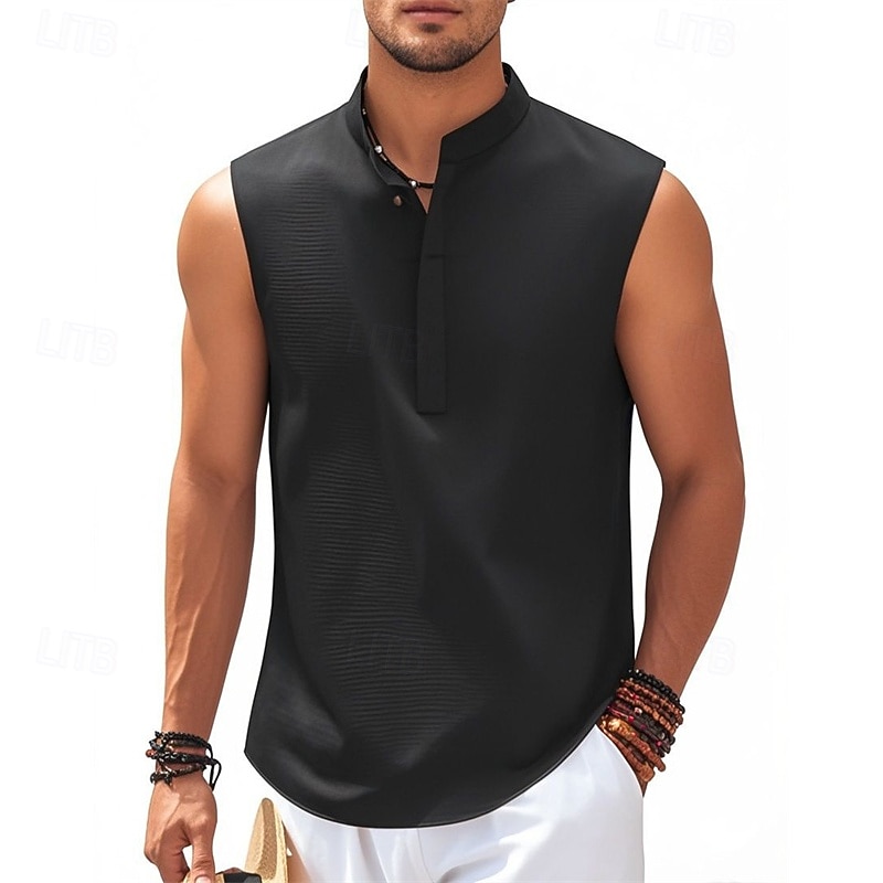 Men's Button T Shirt T Shirt Henley Shirt Tee Sleeveless Henley Summer Plain Fashion Designer Basic Buttons Vacation Street Going out Lake blue Black White Top Tee for Men3