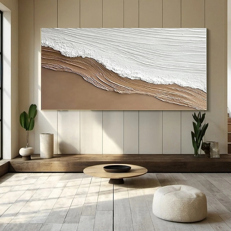 Original White Ocean Wave Art Beach Abstract Painting White Wall Art Brown 3D Texture Painting Brown Beach Wall Art Modern Pastel Room Decor2