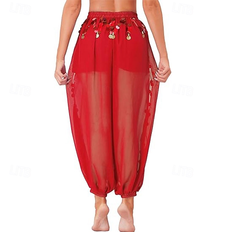 Women's Belly Dance Costume Coin Lantern Pants Side Split Sequin Shiny Harem Pants Arabic Halloween Trousers2