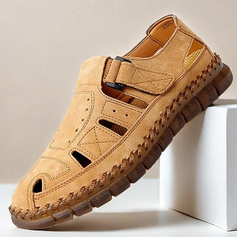 Men's Casual Tan Suede Sandals with Adjustable Velcro Strap, Breathable Design and Comfortable Sole – Perfect for Outdoor, Beach and Summer Activities