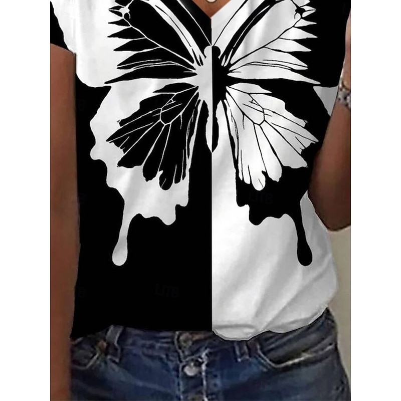 Women's T Shirt Butterfly Stylish Casual Short Sleeve V Neck Regular Tops Daily Print Black Summer3
