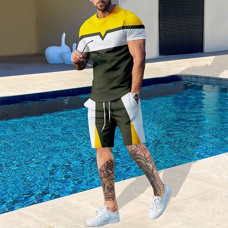 Men's T-shirt Suits 2 Pieces Outfits Tee & Shorts Short Sleeve Crewneck Summer Color Block Fashion Casual 2 Piece Vacation Daily Wear Going out Black Blue Yellow Top Tee for Men4