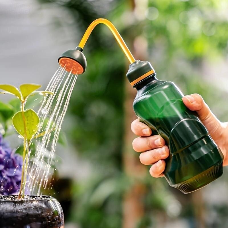 Watering Can with Detachable Shower Head - Flexible Long Nozzle, Squeeze Trigger, Transparent Plastic Plant Sprinkler for Indoor & Outdoor Gardening