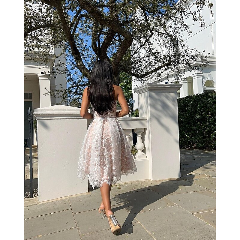 A-Line Cocktail Dresses Corset Party Dress Wedding Wedding Guest Tea Length Sleeveless Sweetheart Polyester with Floral Lace Appliques Dresses3