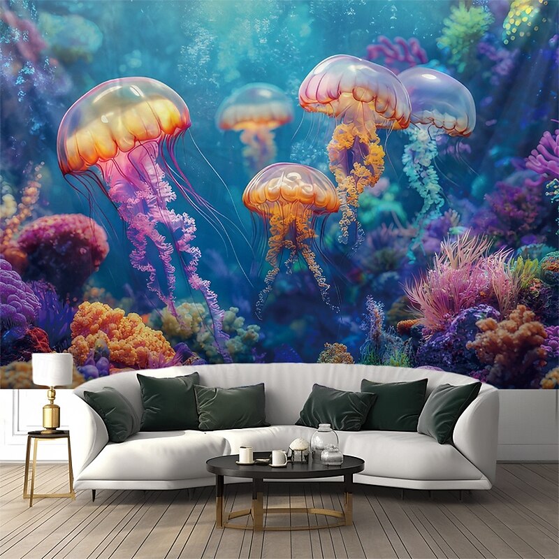 Blacklight Tapestry Glow in the Dark Glow Party UV Reactive Jellyfish Trippy Misty Nature Landscape Hanging Tapestry Wall Art Mural for Living Room Bedroom4
