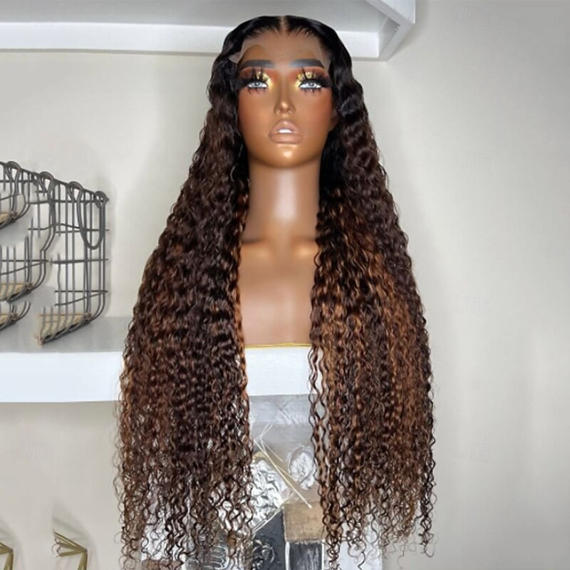 Remy Human Hair 5x5 Closure 13x4 Lace Front Wig Middle Part Brazilian Hair Curly Brown Wig 130% 150% Density Ombre Hair Glueless Pre-Plucked For Women Long Human Hair Lace Wig3
