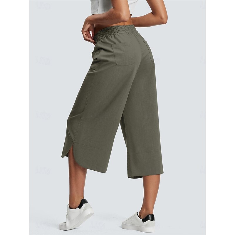 Women's Wide Leg Chinos Fashion Streetwear Calf-Length High Waist Plain Pocket Elastic Waistband Comfy Soft Comfortable Micro-elastic Outdoor Street Navy-blue Army Green Black Blue Summer Spring3