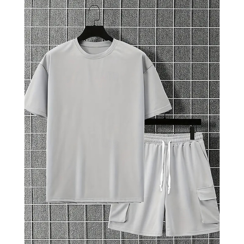 Men's Workout Set Tracksuit T shirt & Shorts Set Outfit Set Crew Neck Outdoor Daily Sports Pocket Drawstring 2 Piece Plain Black Red Green Polyester Activewear Classic Casual Summer3