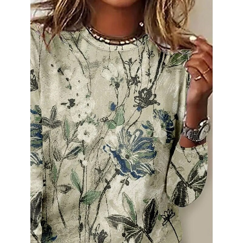 Women's T shirt Crew Neck Long Sleeve Tunic Floral Plants Elegant Vintage  Regular Tops Daily Going out Weekend Print Light Green2