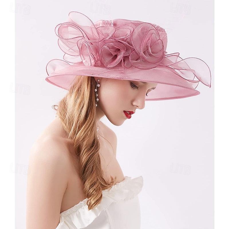 Organza Church Fascinator Wedding Tea Party Derby Hats for Women Flower Wide Brim Sun Hat3