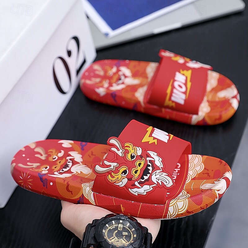 Men's Red Dragon Print Slide Sandals with 3D Dragon Design, Casual Style for Summer and Festivals3