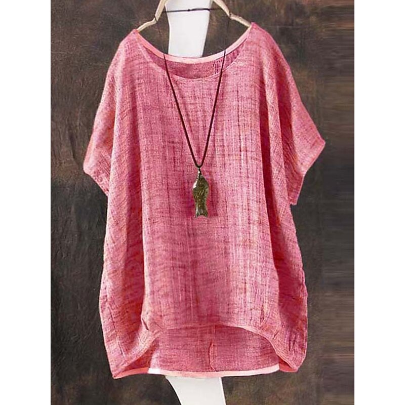 Women's Shirt Blouse Cotton Linen Shirts Solid Color Basic Casual Half Sleeve Crew Neck Regular Tops Daily Pink Green Khaki Summer
