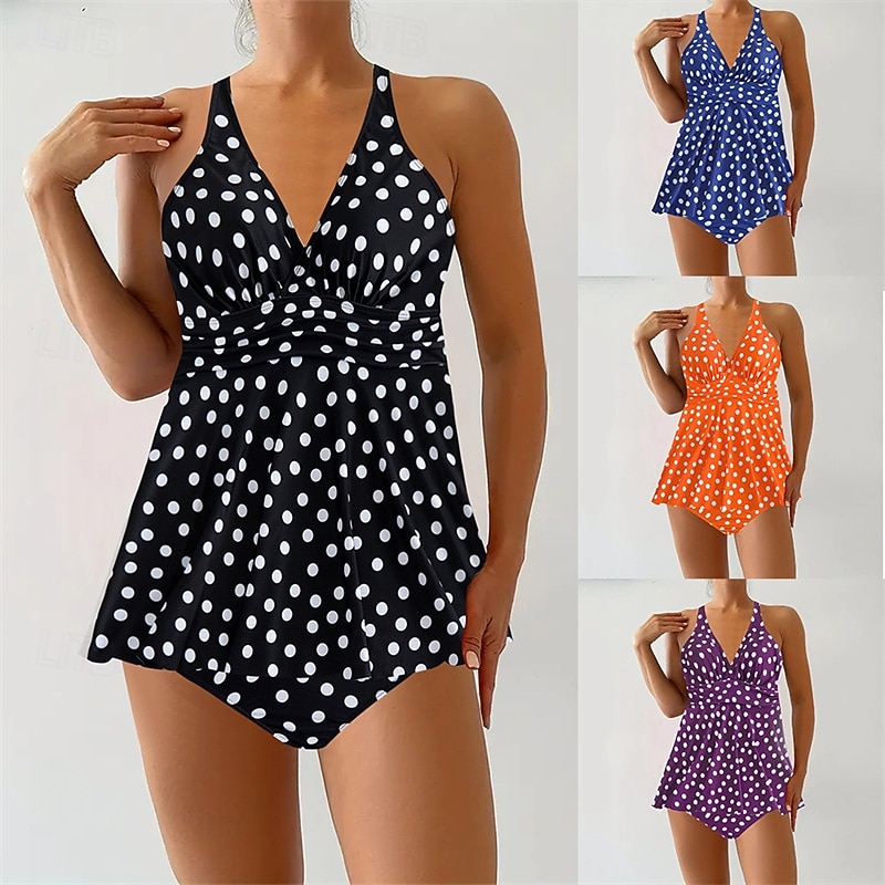 Women's Tankini Two Piece Swimsuit Criss Cross Swimwear Spot Swimwear Black Blue Breathable Quick Dry Lightweight Sleeveless - Swimming Surfing Beach Summer Spring Plus Size