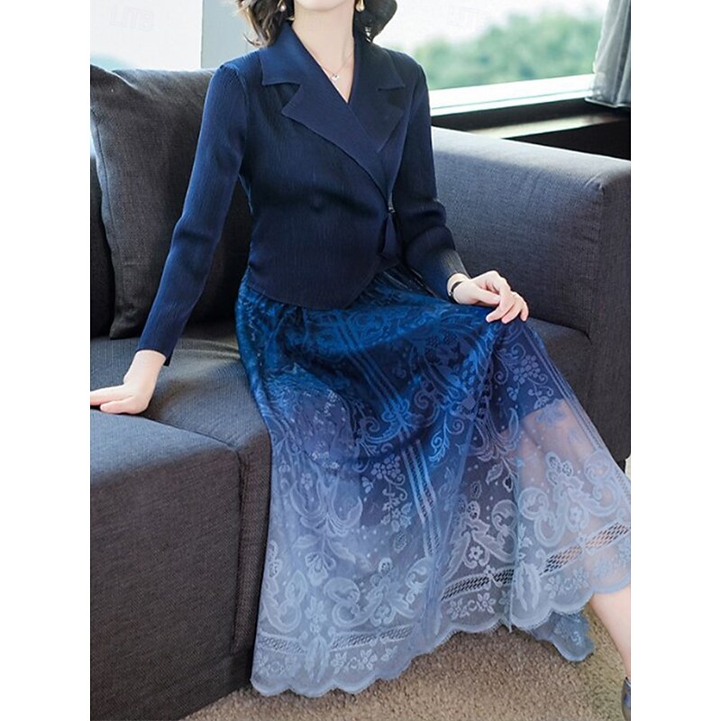 Women's Long Dress Maxi Dress Lace Dress Two Piece Dress Stylish Casual Vacation Daily Regular Fit Graphic Long Sleeve Lapel Black Red Navy Blue Purple Summer2