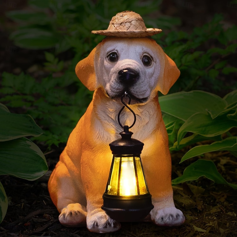 Solar-Powered Dog Statue Light with Retro LED Lantern - Outdoor Garden Decor for Patio, Porch, Balcony, Holiday Decoration