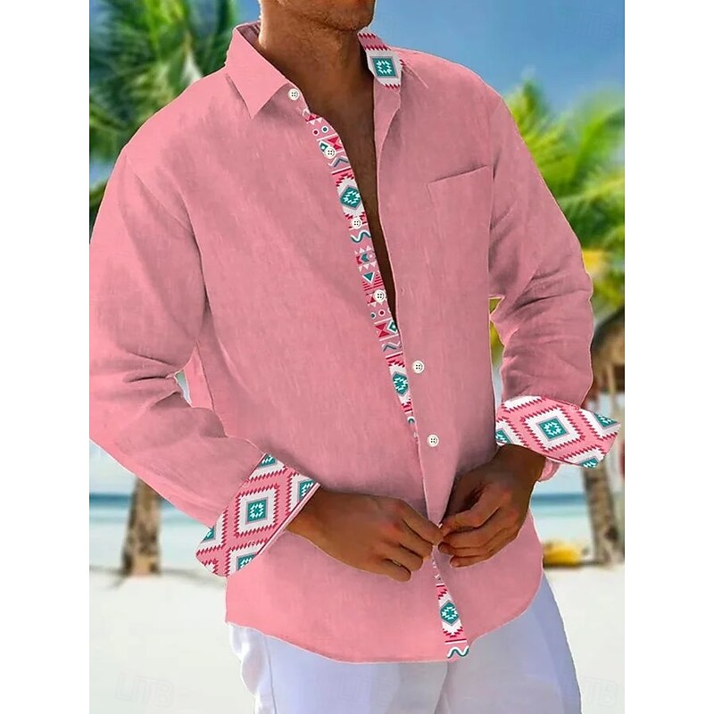 Men's Shirt Summer Shirt Casual Shirt Beach Shirt Button Up Shirt Light Green Pink Sky Blue Brown Gray Long Sleeve Plain Pattern Lapel Vacation Hawaiian Button-Down Clothing Apparel Polyester Fashion2