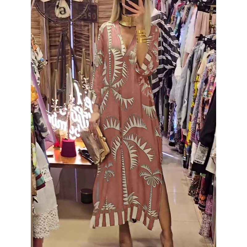 Women's Midi Dress Casual Dress A Line Dress Boho Dress Stylish Casual Vacation Daily Regular Fit Graphic 3/4 Length Sleeve V Neck Pink Khaki Army Green Summer