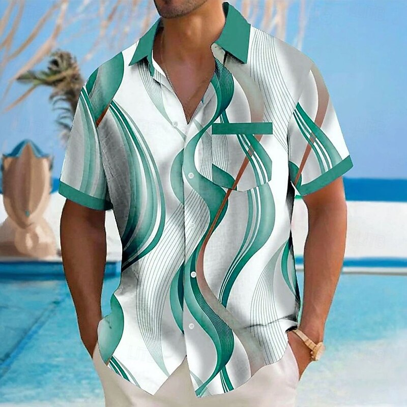 Men's Optical Illusion Geometic Line Shirt Button Up Shirt Short Sleeve Fashion Casual Vacation Holiday Beach Wear Summer Fall Turndown 3D Print Collared Shirts Front One Pocket Blue Purple Green4