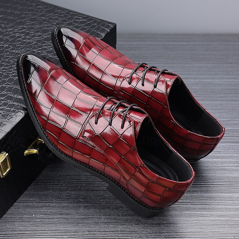 Men's Burgundy Crocodile Pattern Faux Leather Lace-Up Shoes, Stylish Formal Footwear for Business, Weddings and Special Occasions2