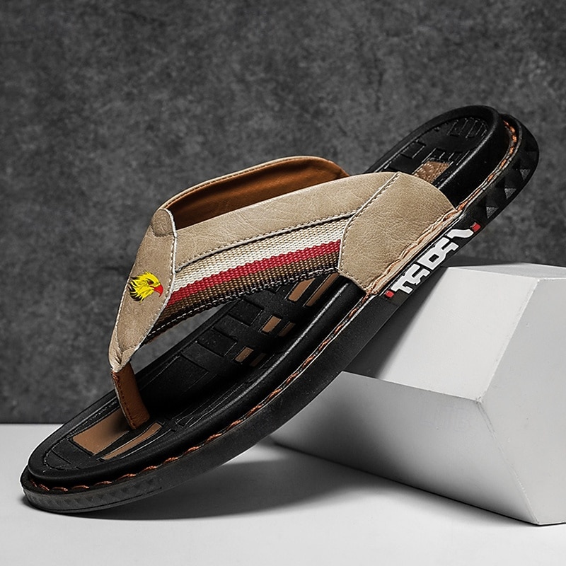 Men's Slippers & Flip-Flops Split Leather Breathable Comfortable Slip Resistant Loafer Black Khaki Beige