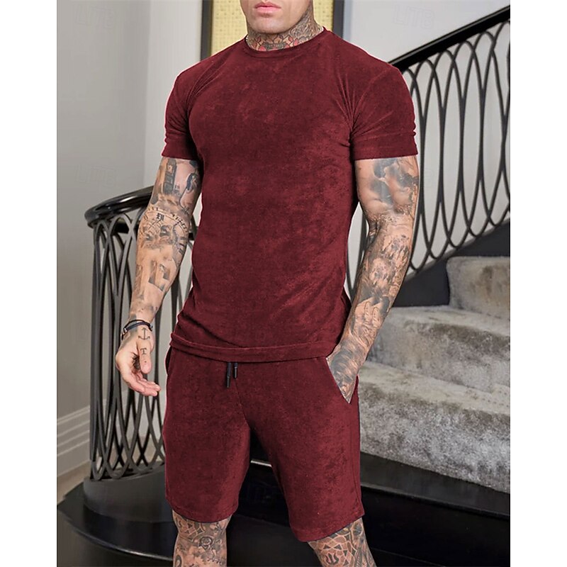 Men's Workout Set Tracksuit T shirt & Shorts Set Outfit Set Crew Neck Outdoor Daily Sports Pocket Drawstring 2 Piece Solid Color Wine Red Royal Blue Green Polyester Activewear Classic Casual Summer2