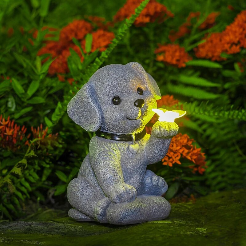 Solar Dog Statue with Butterfly Light - Waterproof Outdoor Solar Garden Decor for Balcony, Porch - Housewarming, Birthday, Mother's Day Father's Day Gift